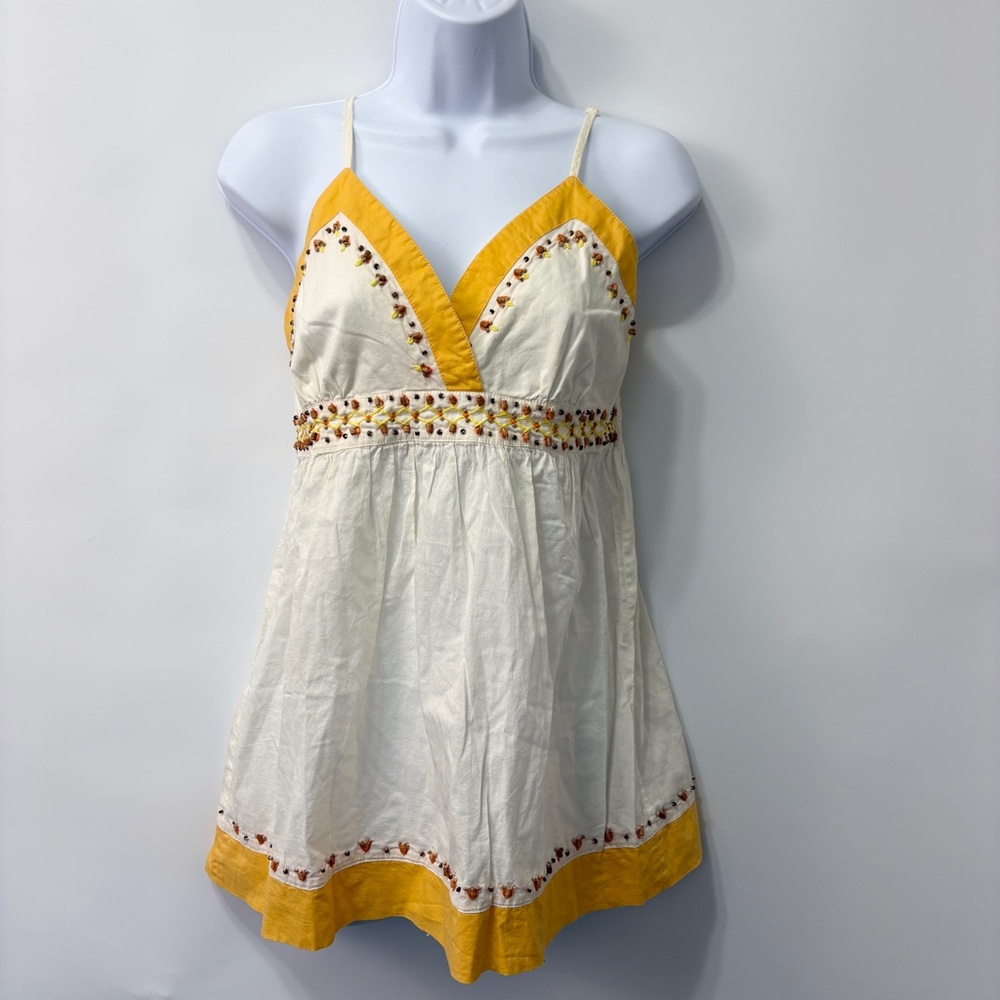 American Rag Y2K Boho Festival‎ V Neck Babydoll Cream Yellow Wood Beaded Size M